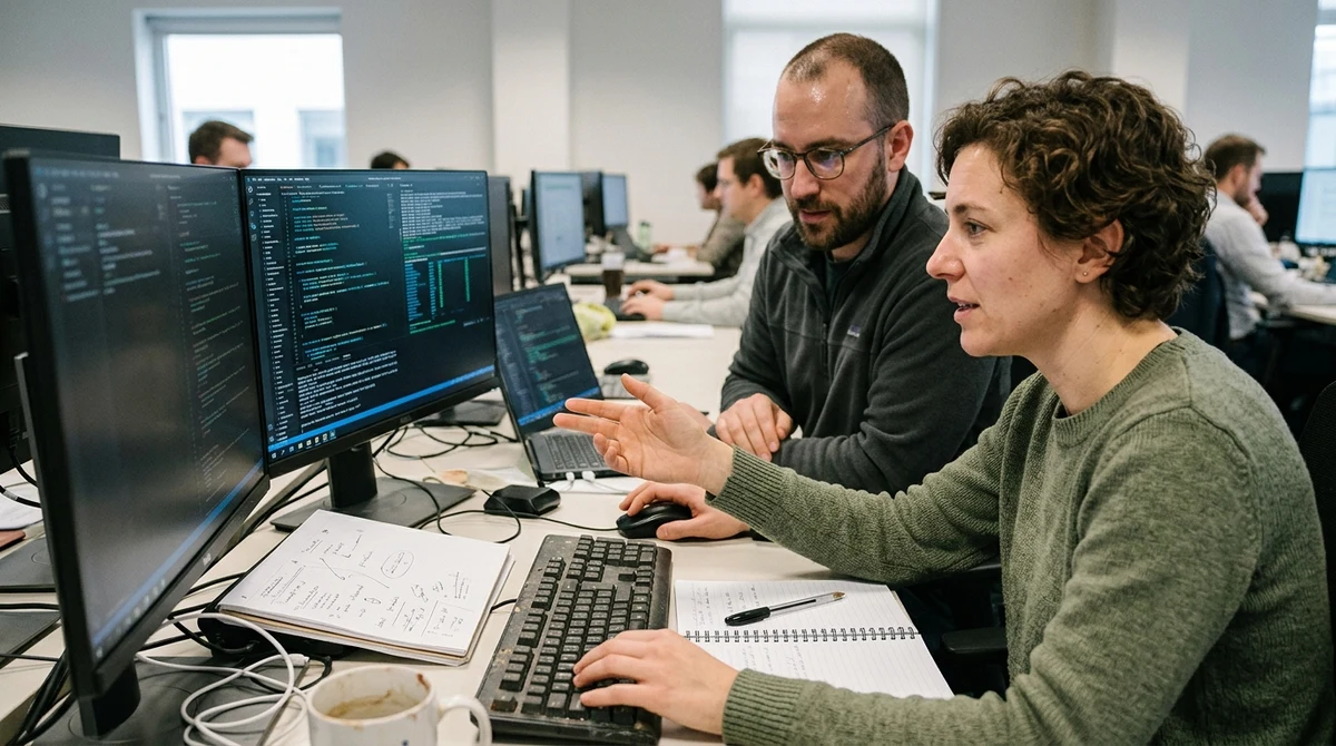 Cybersecurity analysts review software security information at a computer workstation.
