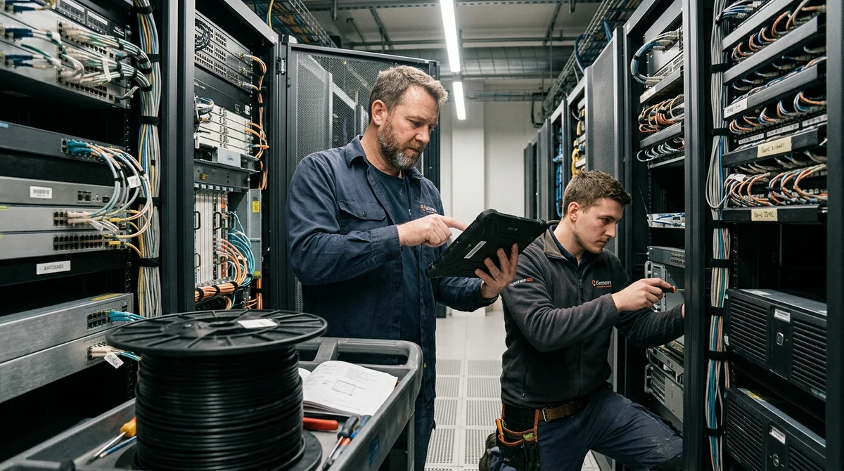 Two data center technicians inspect server racks, one checking a tablet beside the equipment.