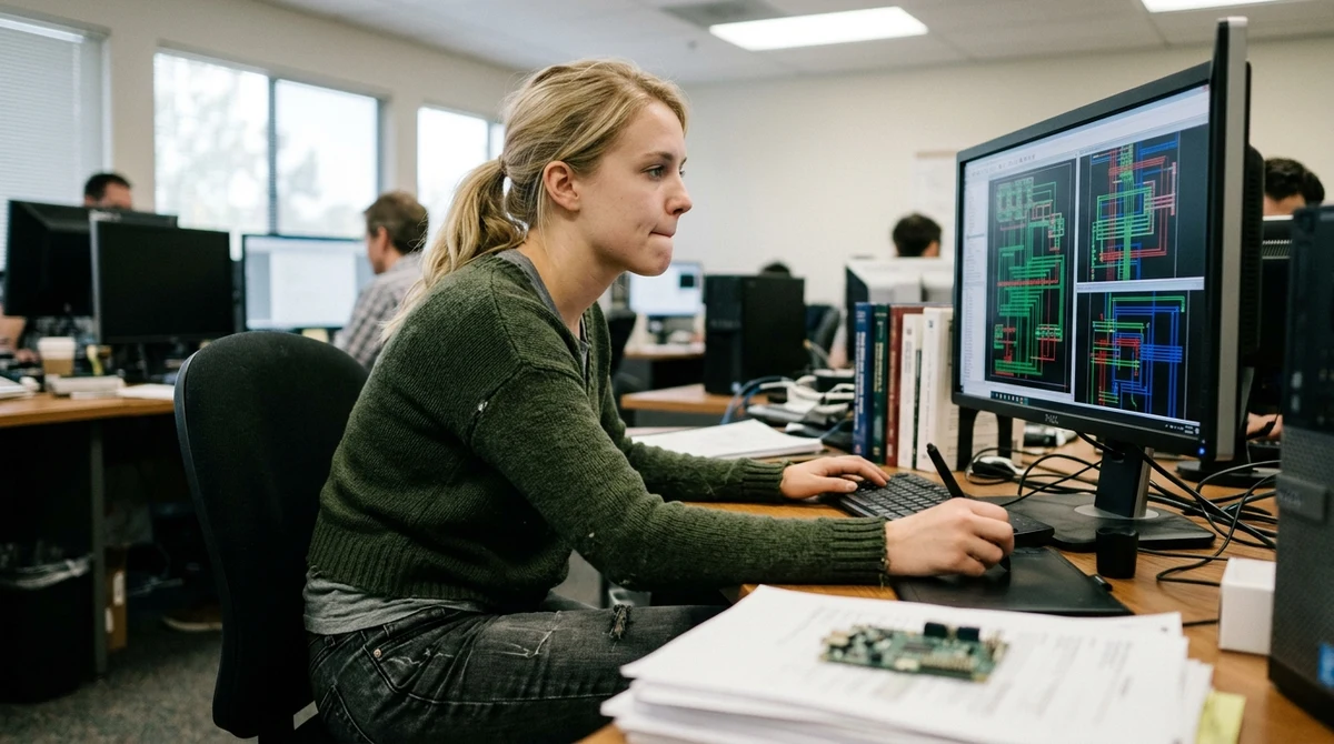 A blonde engineer reviews a semiconductor layout at a workstation.