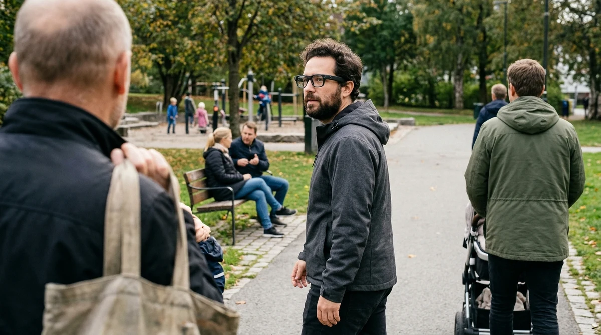 An adult wearing camera-enabled glasses walks through a park as other visitors pass nearby.