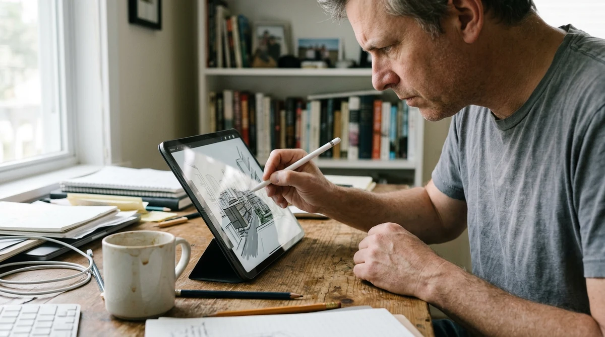 An adult creates a digital image on a tablet, with a separate sponsored card visible beside it.