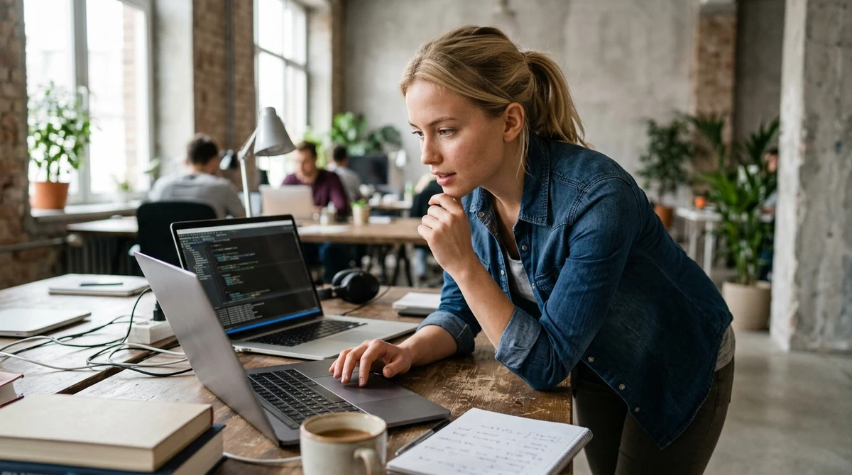 A developer tests a coding task with an AI assistant on a laptop.