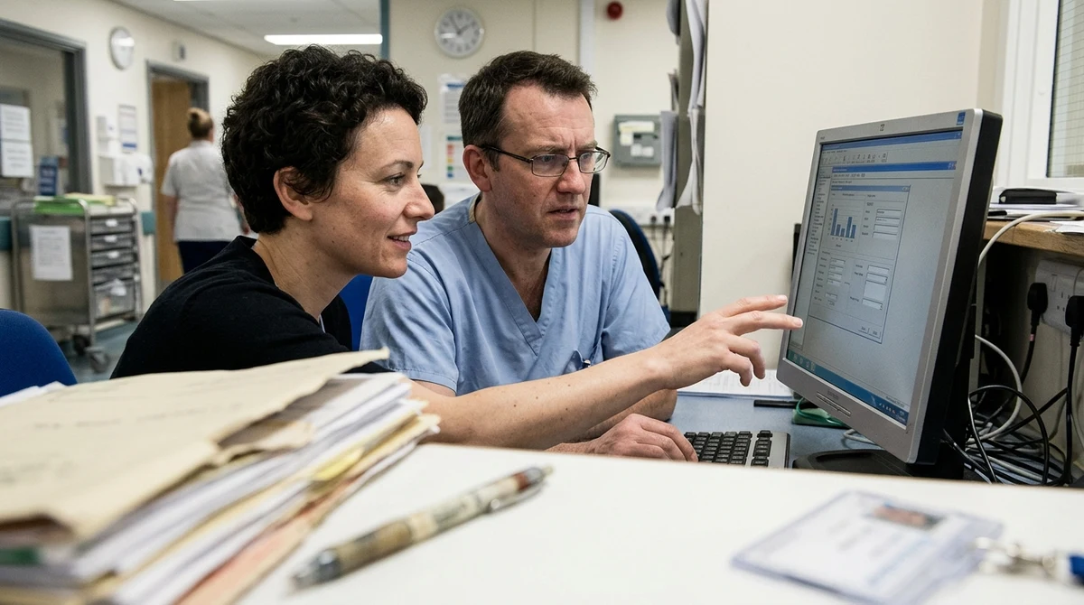Two clinicians review medical software together at a hospital workstation.
