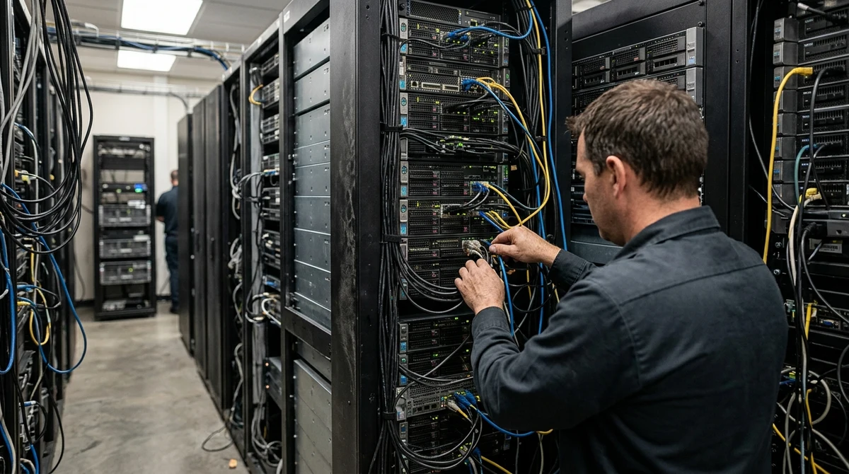 Rows of AI computing servers in a data center, illustrating the infrastructure behind large models.