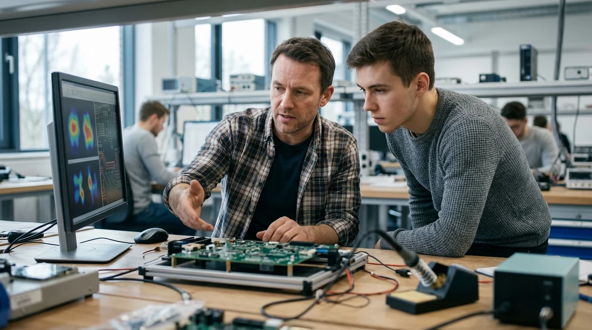 Two hardware engineers discuss a chip simulation beside a circuit board.