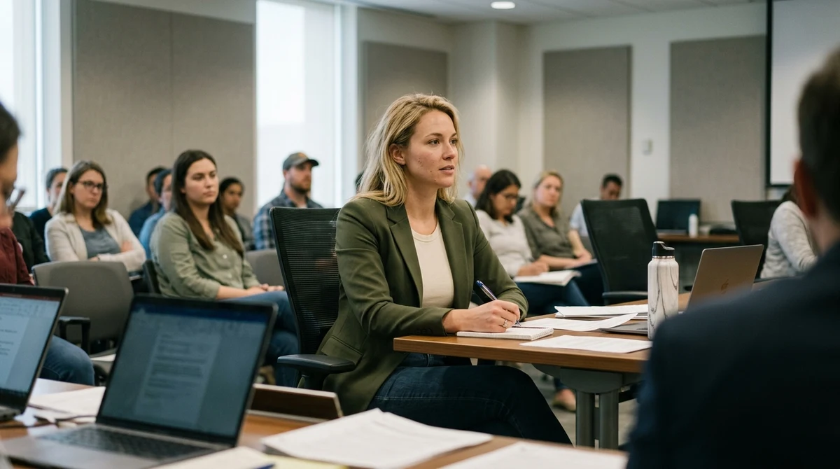 A woman listens and takes notes during a public hearing on AI security.