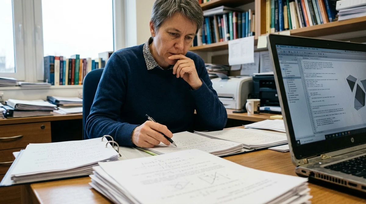 A mathematician studies equations beside a laptop displaying a proof-checking interface.