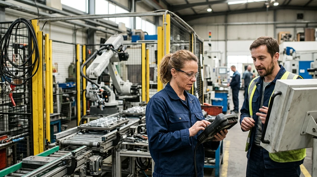 Factory workers monitor an industrial robot on a production floor.