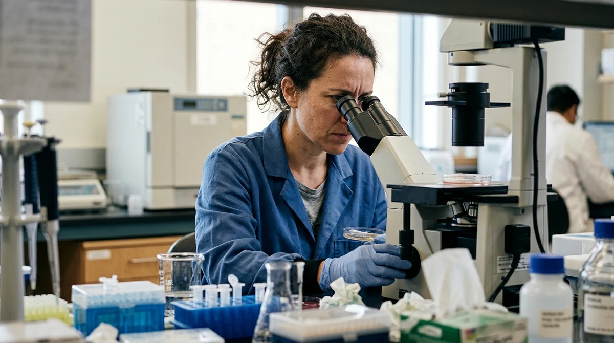 A researcher studies living cells through a microscope in a laboratory.