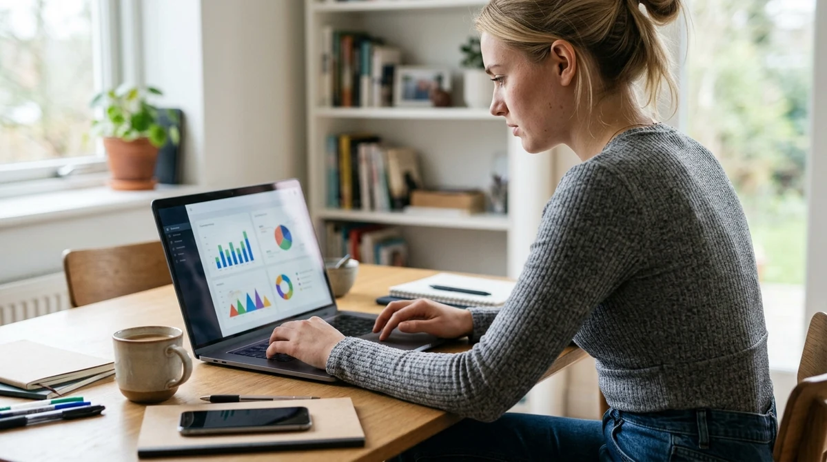 A blonde woman uses a laptop displaying colorful interactive charts.