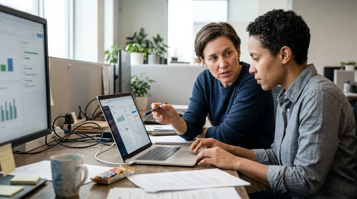 Two office workers review an AI workflow on a laptop.