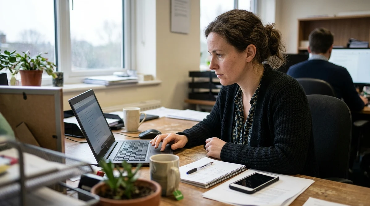 An office worker reviews privacy settings on a laptop.