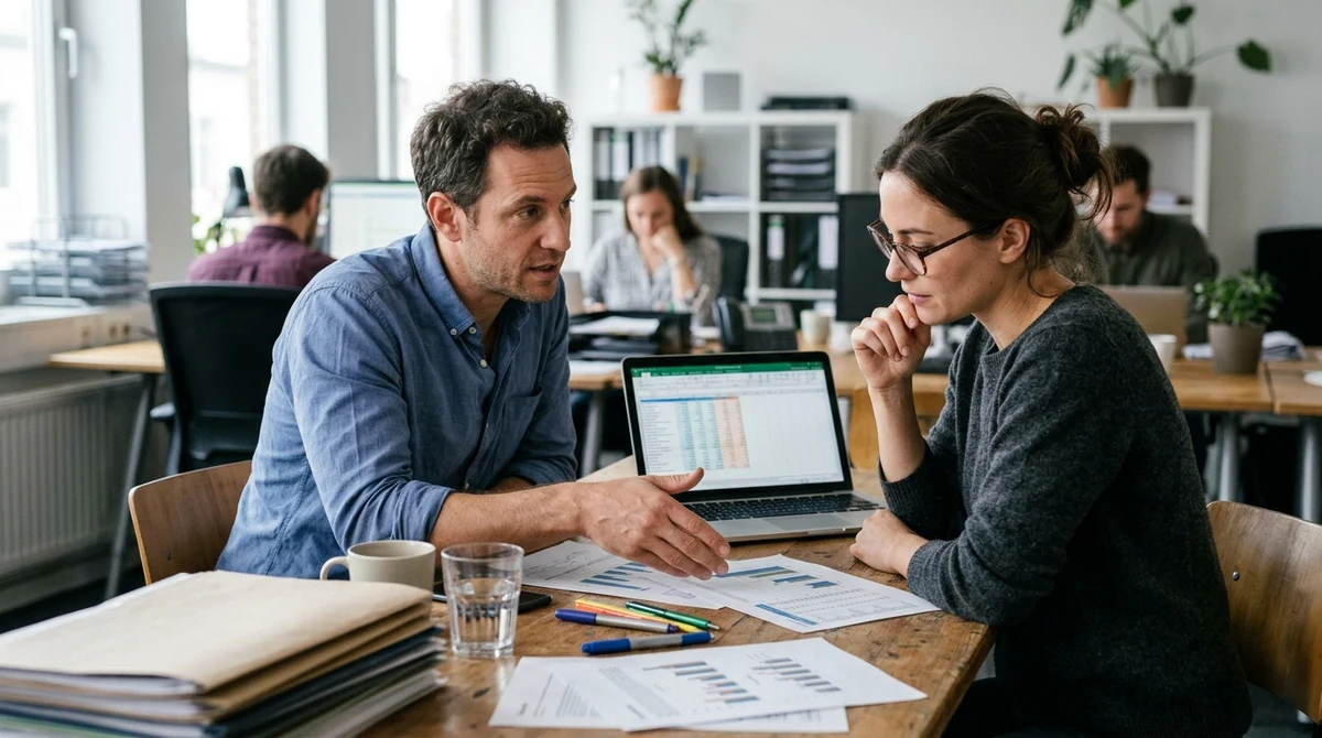 Two analysts review investment documents and charts at a worktable.