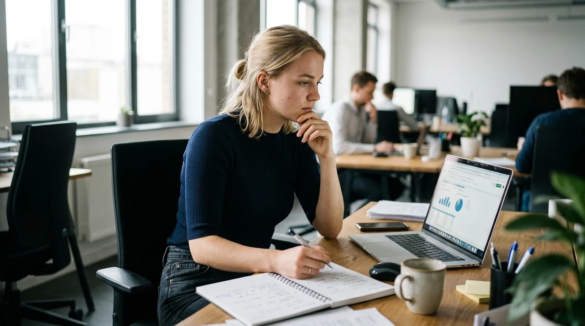 A woman plans a work assignment at a laptop in a modern office.