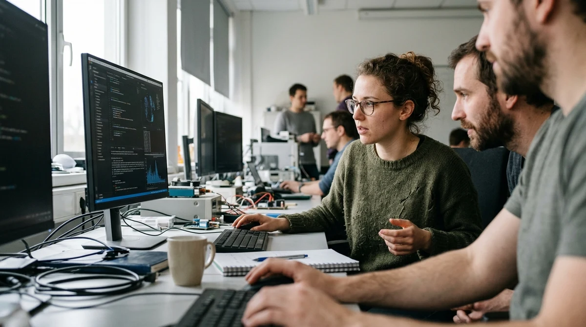Researchers collaborate at computers in a science laboratory.
