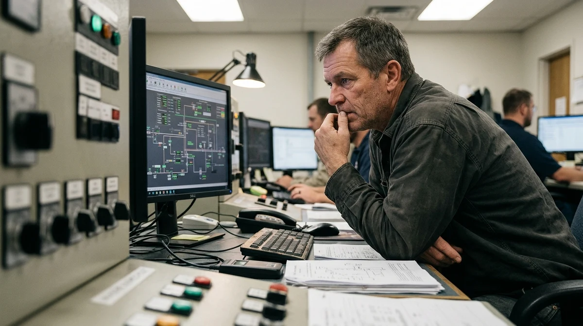 Utility cybersecurity operators review industrial network displays in a control room.