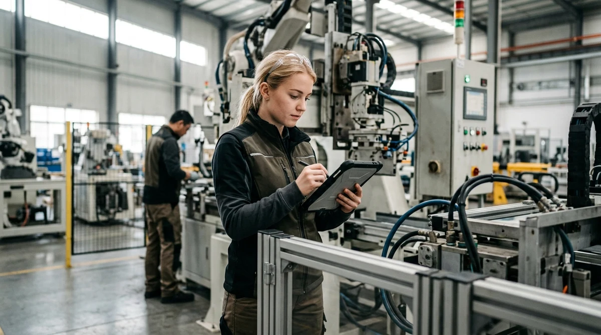 A woman engineer studies a tablet beside industrial equipment in a factory.