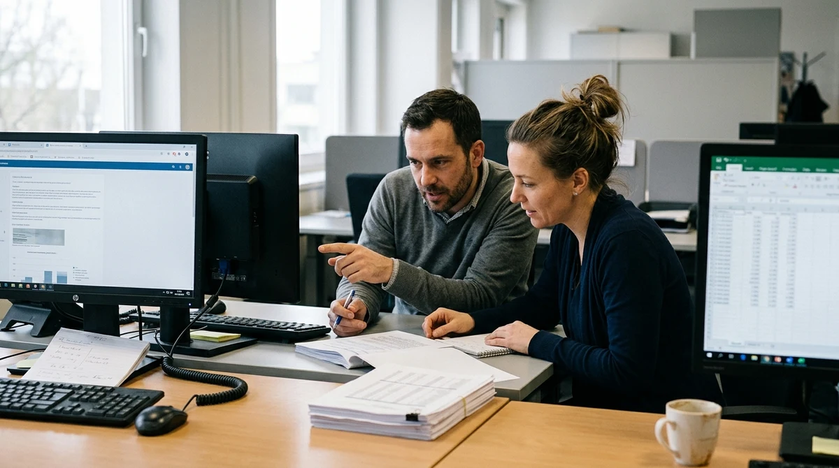 Government staff review an AI incident report at a workstation.