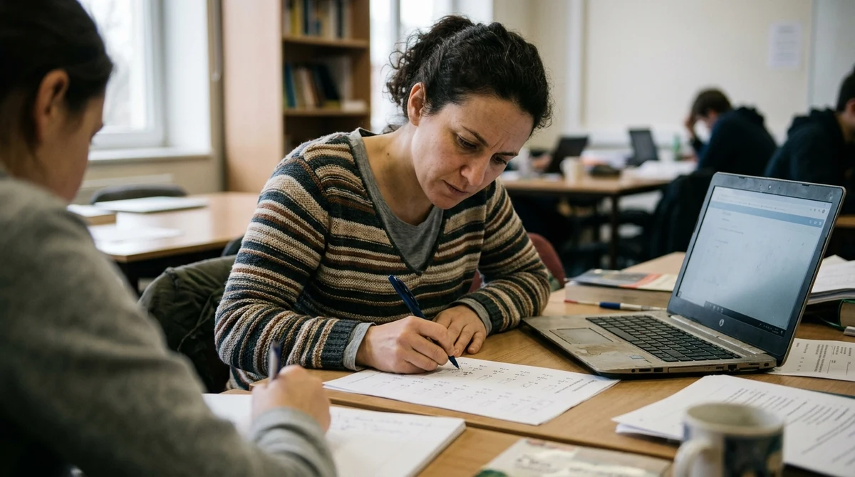 An adult learner works through a fraction worksheet beside an open laptop.
