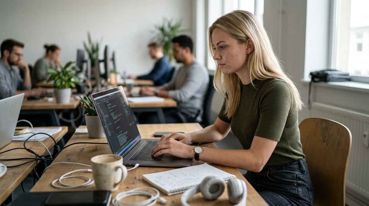 A blonde software developer tests an AI API on a laptop.