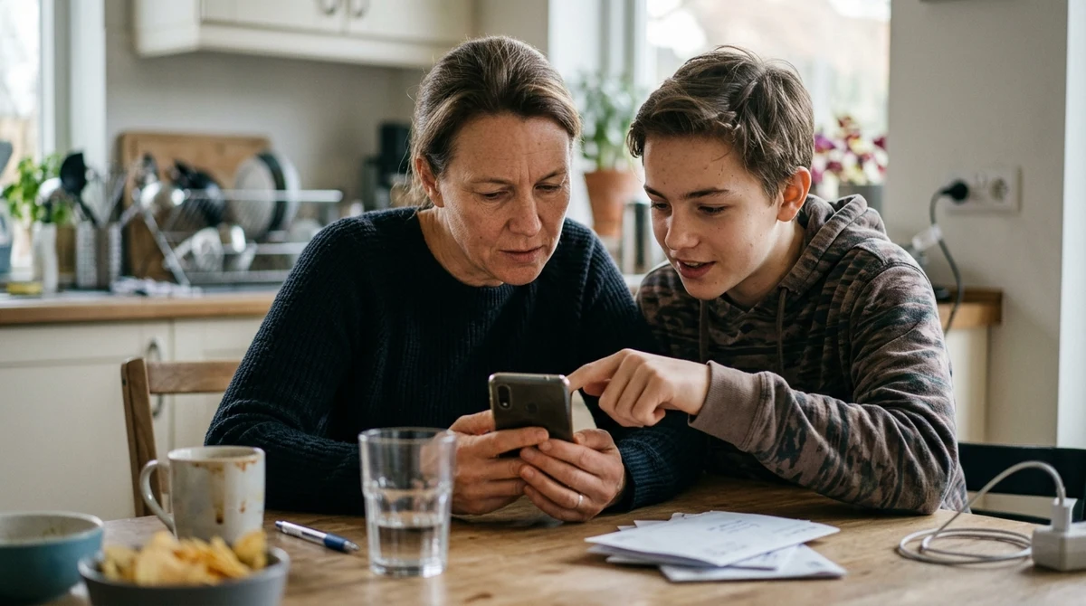 A parent and teenager calmly review settings on a smartphone at home.