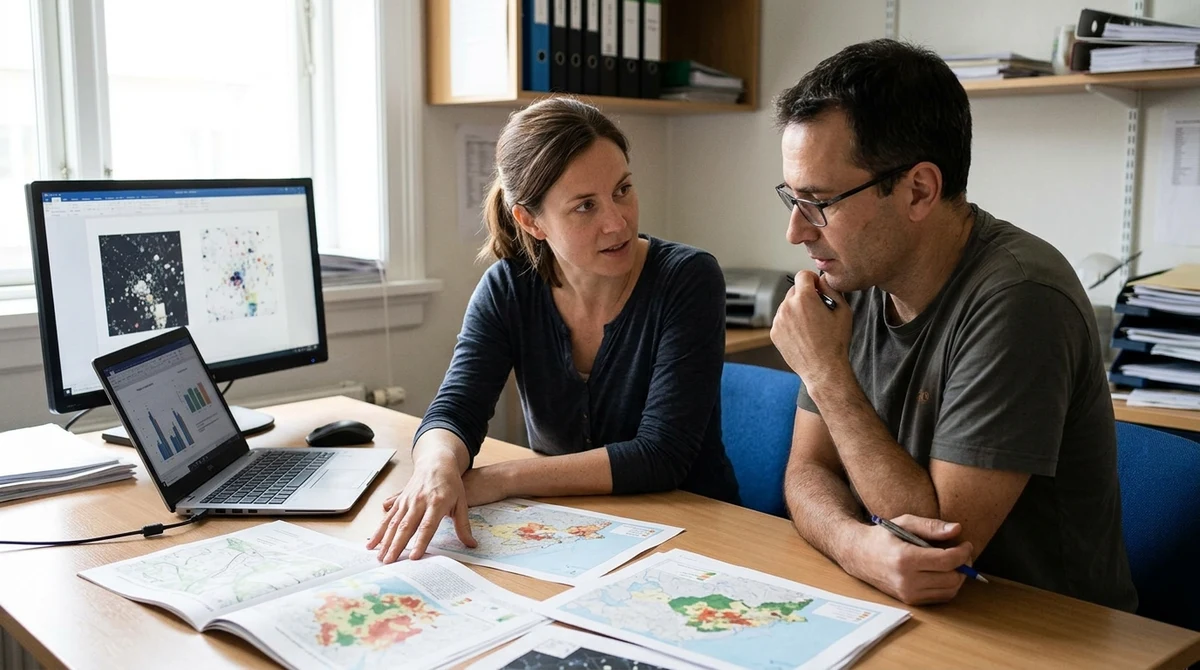 Public-health researchers discuss geographic data visualizations beside printed maps.