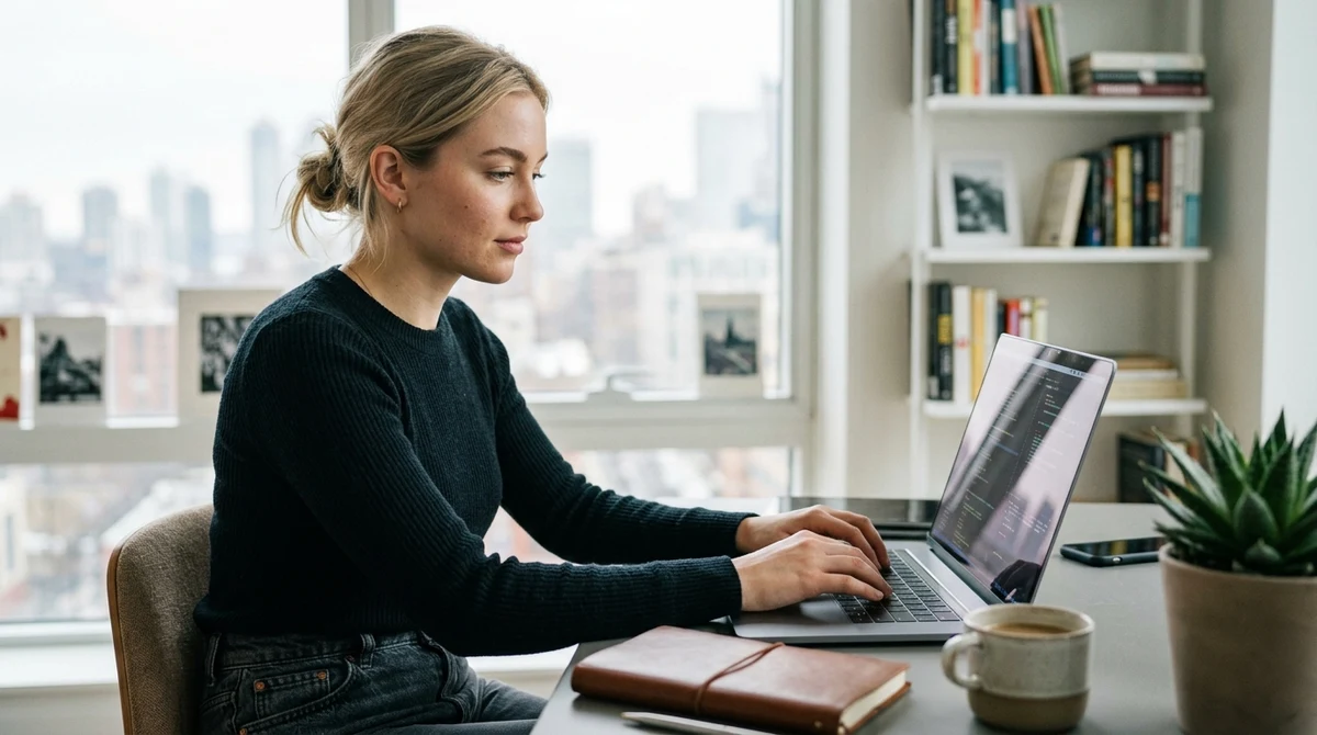 A blonde woman works at a laptop in a bright home workspace.