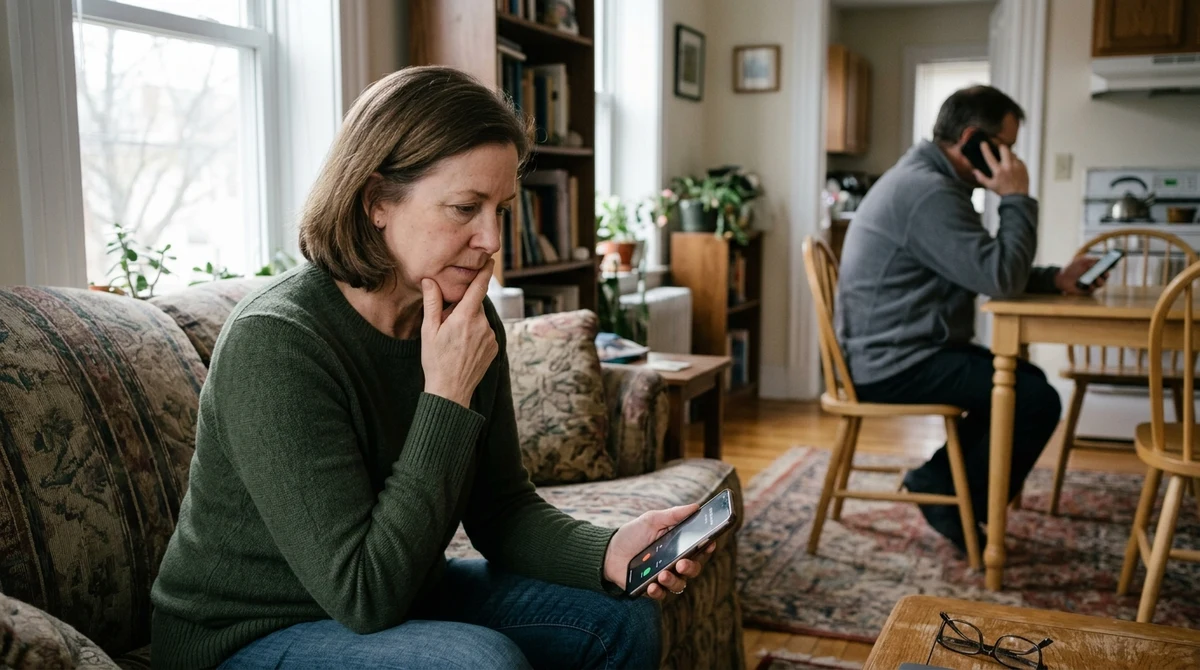 An adult checks a cellphone during a political call at home.