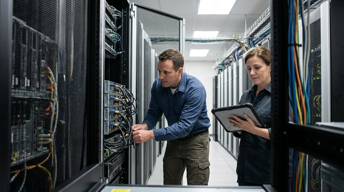 Two data-center technicians inspect servers used for AI computing.