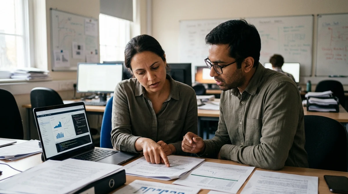 AI safety researchers review model evaluation results in a workspace.