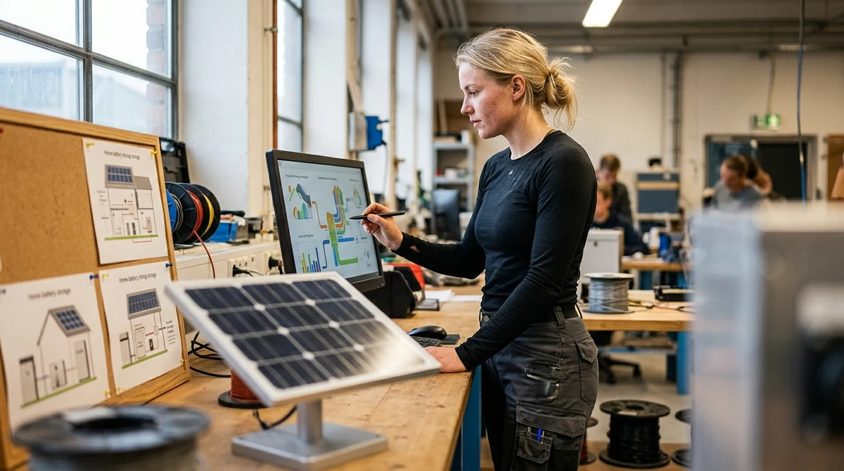 A fictional blonde energy systems technician reviews household energy data on a monitor.
