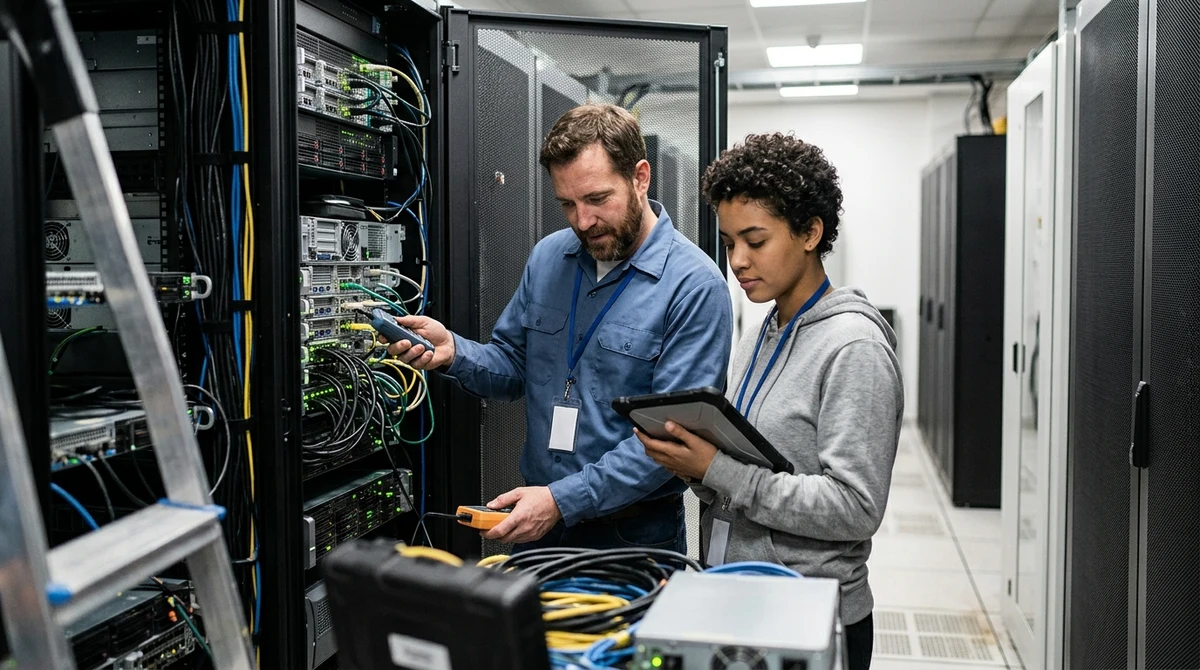 Two data-centre technicians inspect a rack of AI servers.