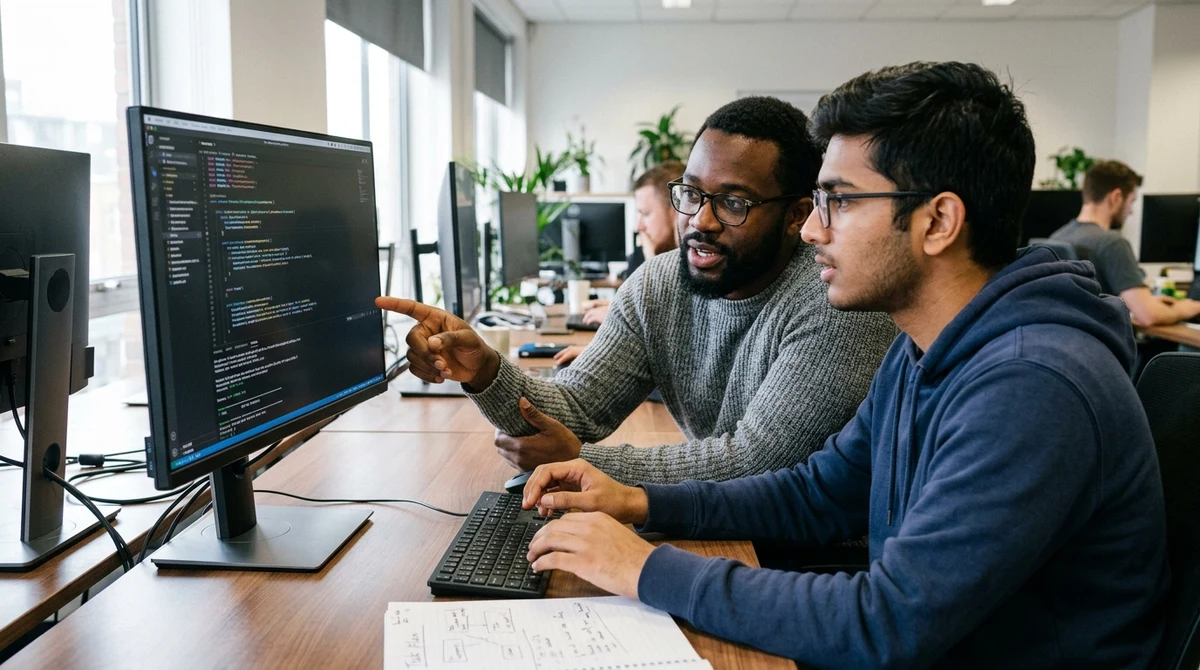 Two developers review code together while testing an AI coding assistant.