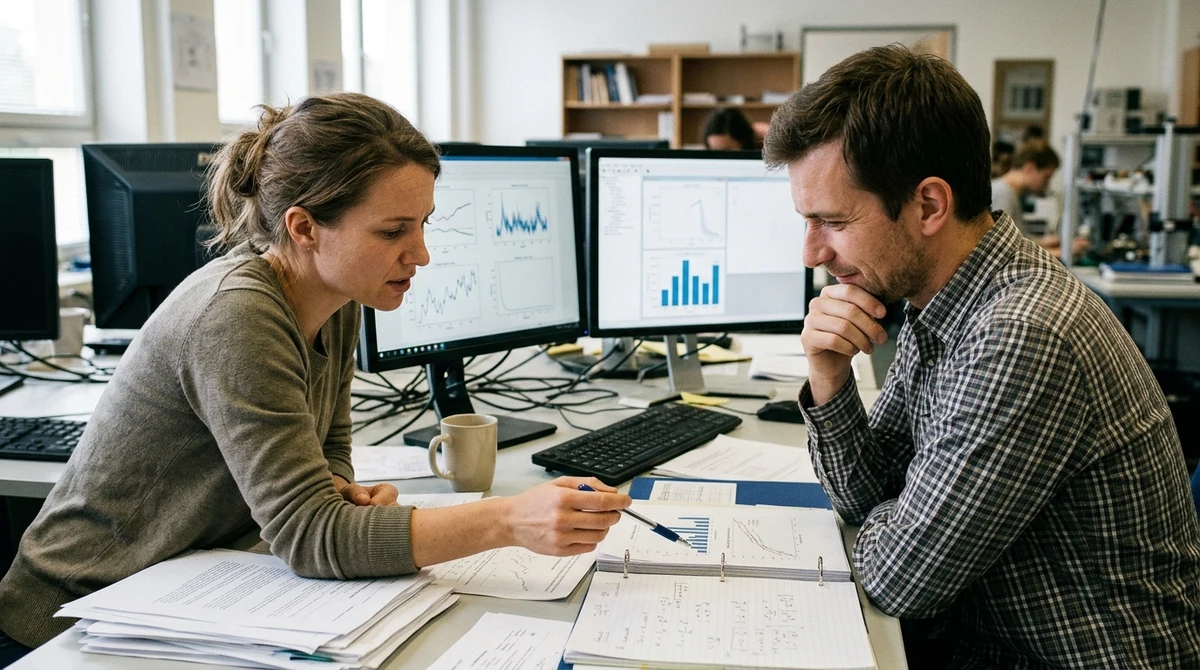 Researchers compare machine-learning experiment results at a workstation.