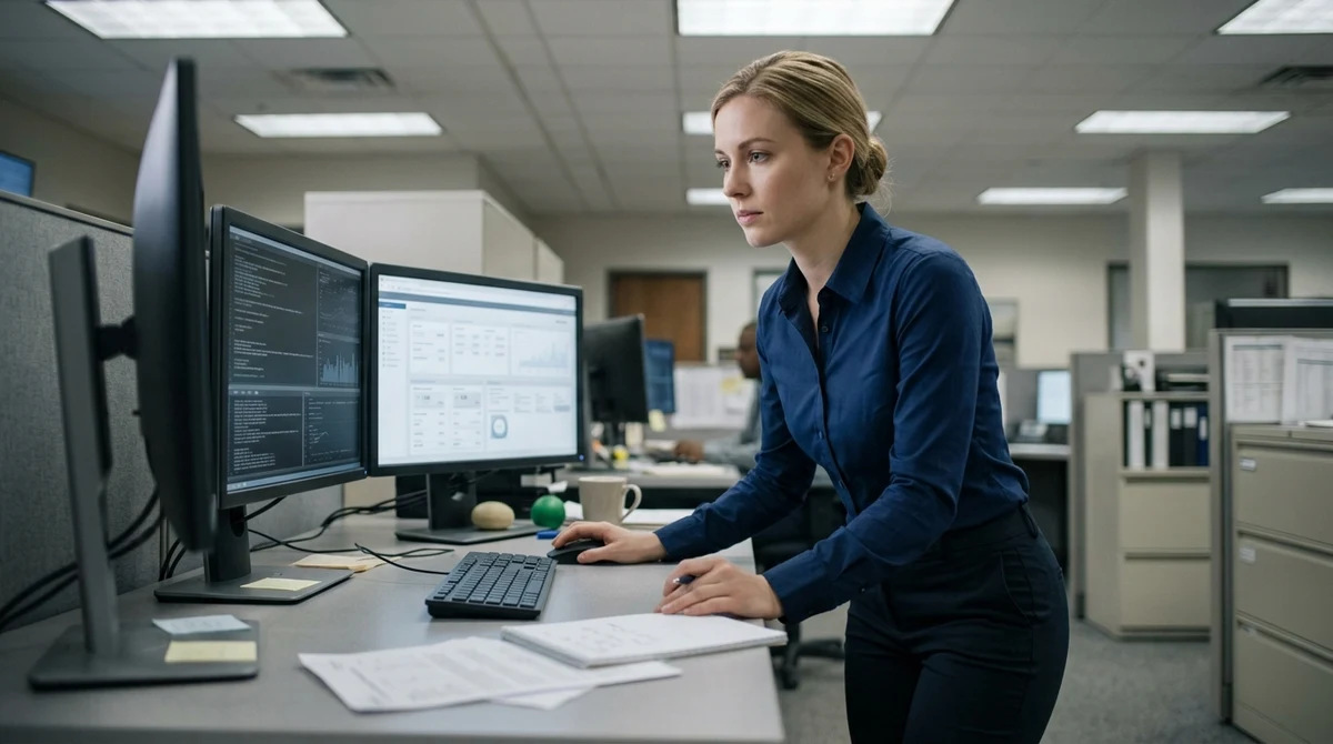 A bank cybersecurity analyst reviews generic system activity at a workstation.