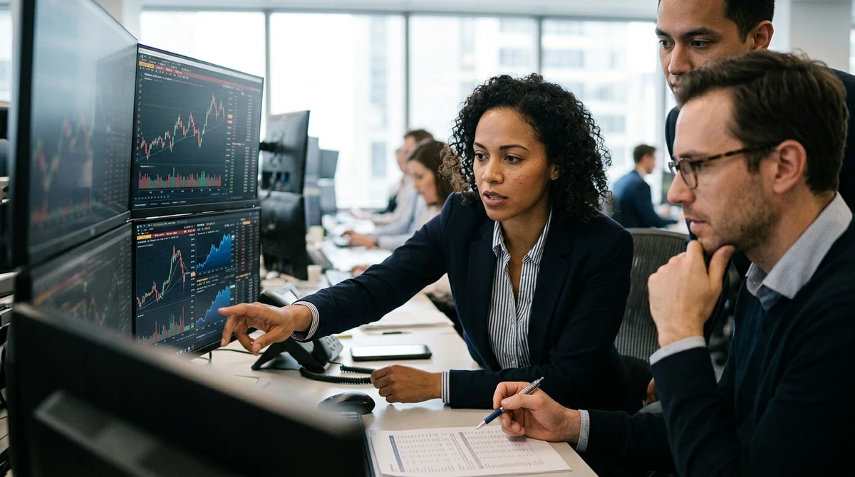 Financial analysts discuss market charts at work.