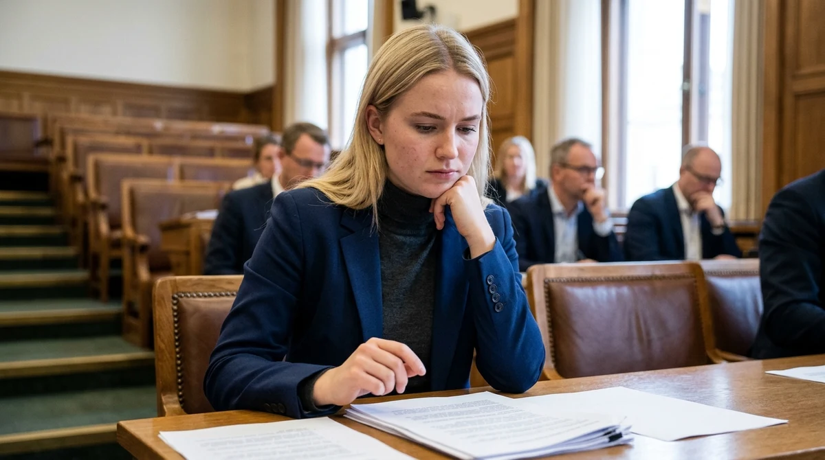 A fictional young adult professional reviews papers in a parliamentary-style committee room.