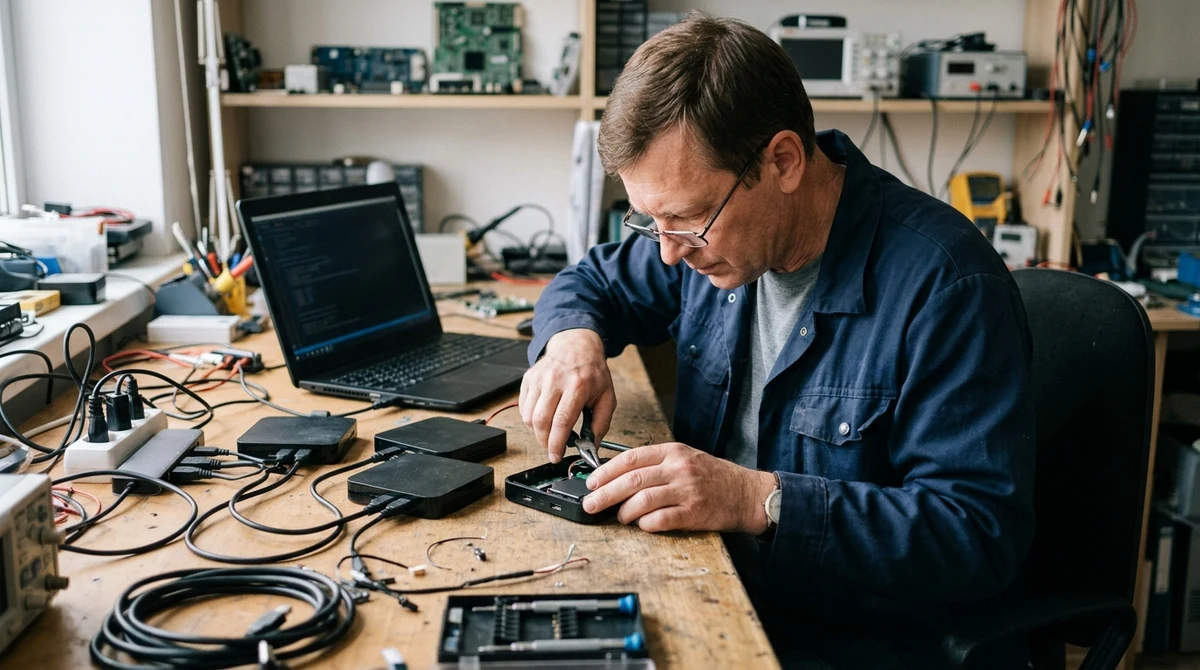 A technician inspects several small TV boxes connected on a workbench.