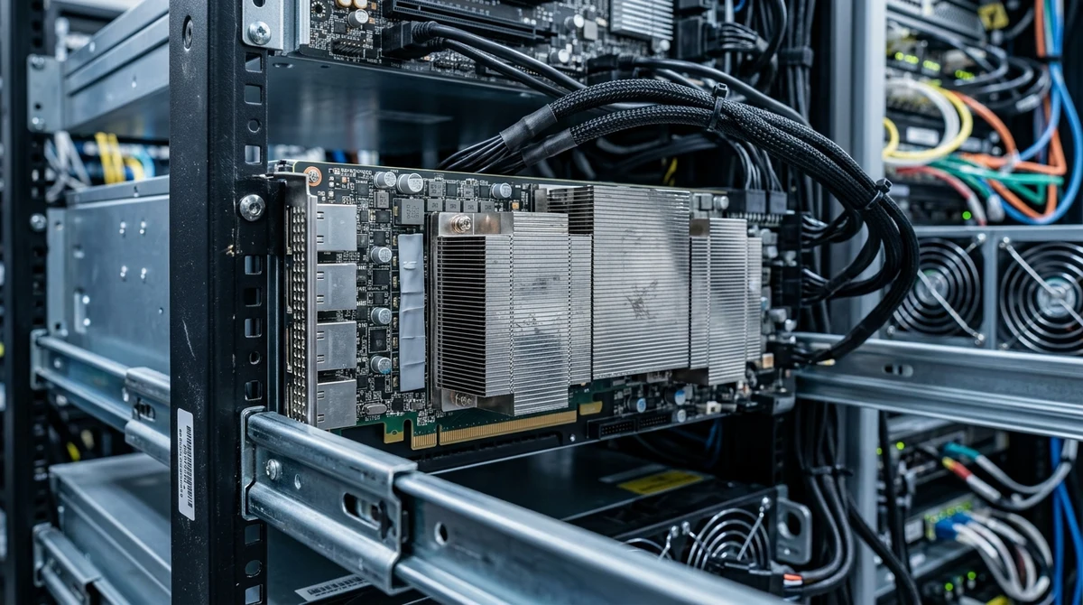 An AI accelerator board installed in a data-center server rack.