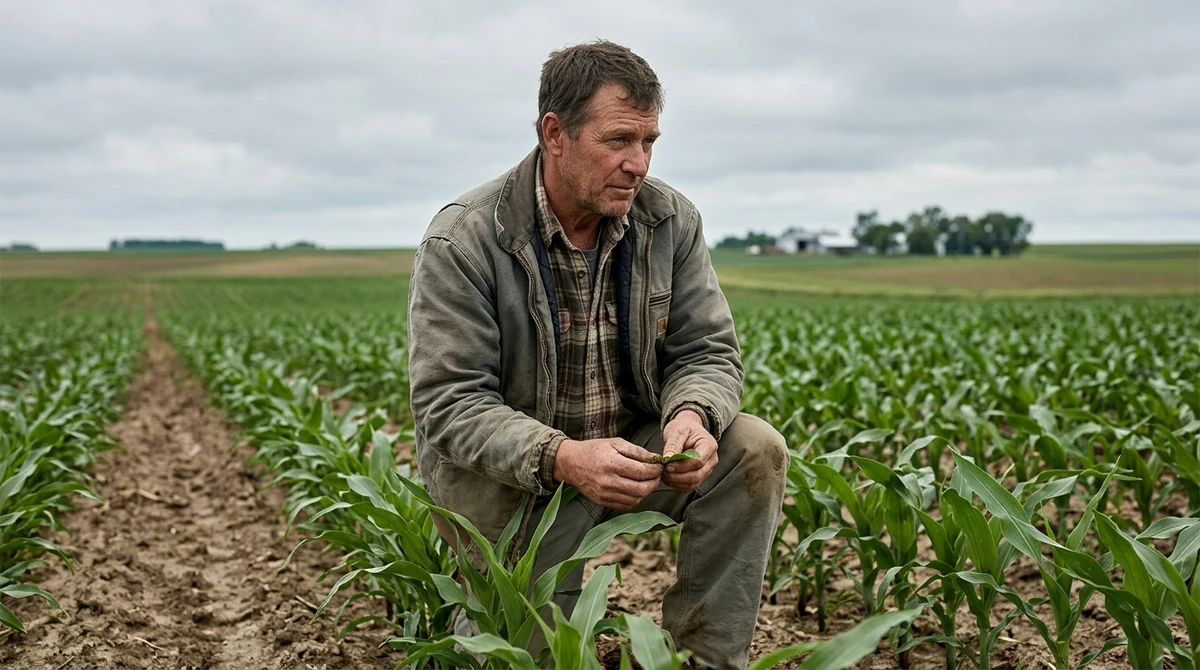 A farmer checks crop conditions in a field beneath an overcast sky.