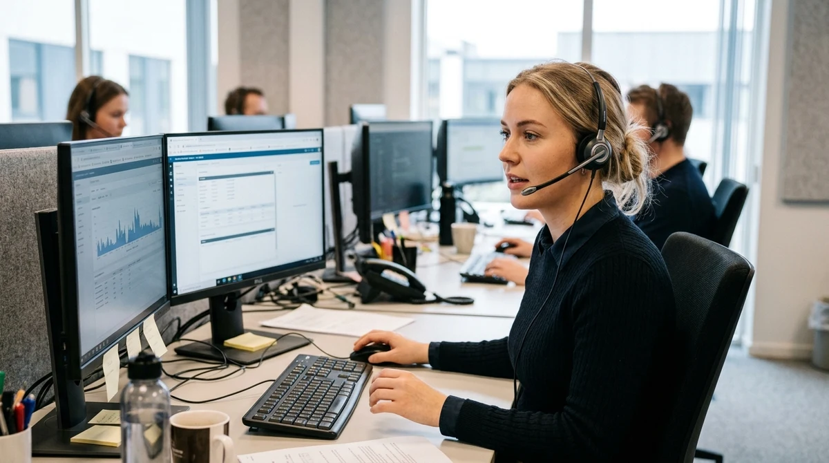 A customer-support agent speaking into a headset while working at her computer.