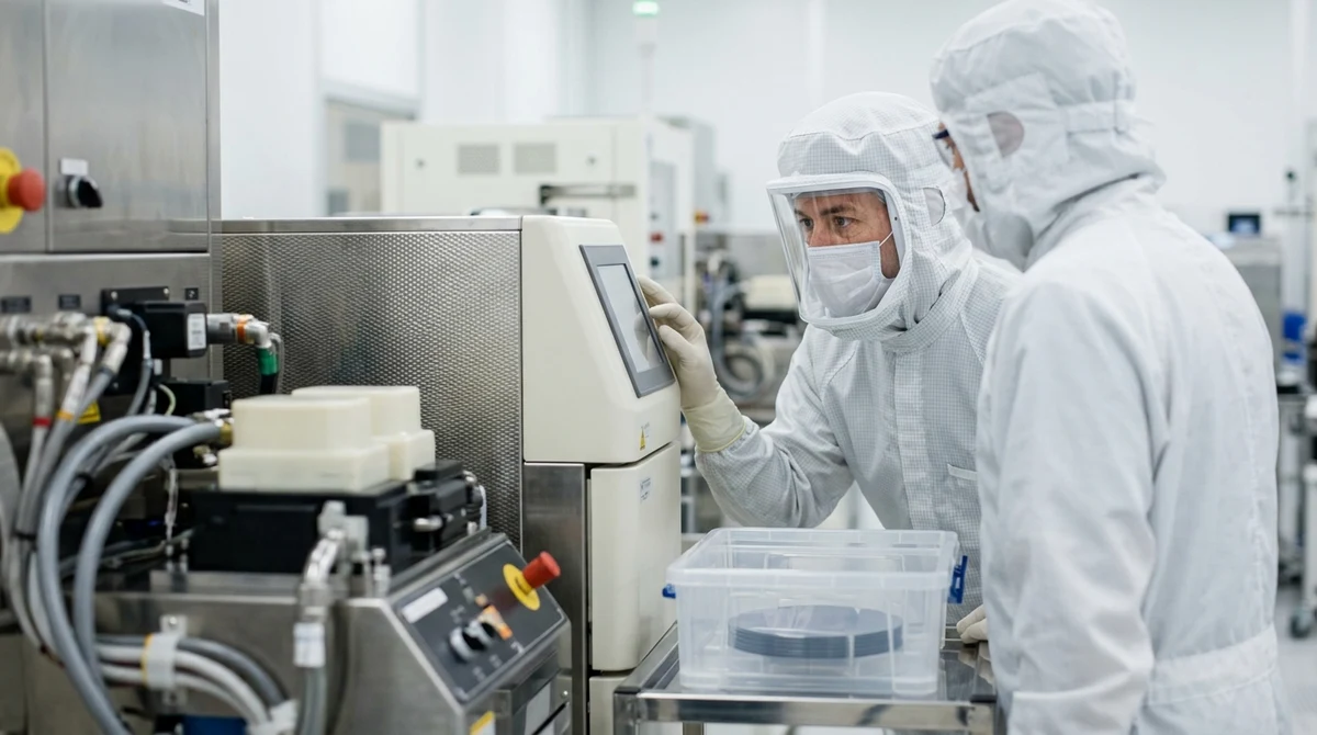 Technicians monitor wafer-processing equipment inside a semiconductor cleanroom.