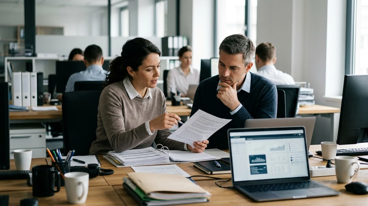Technology compliance professionals review export documents beside a laptop.