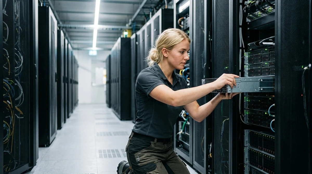 A blonde data center technician installs equipment in a server rack.