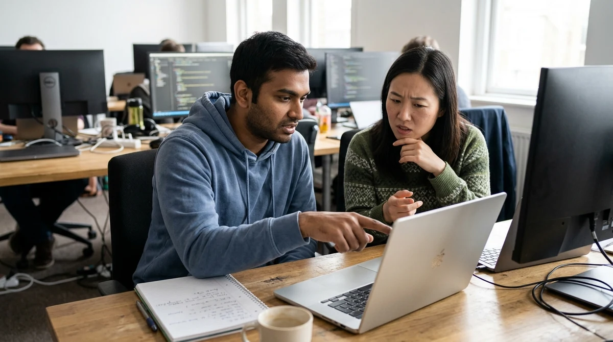 Developers testing AI responses together on laptops in a shared workspace