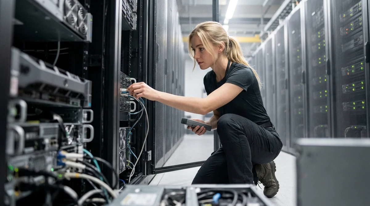 A data-center technician checks a server rack.