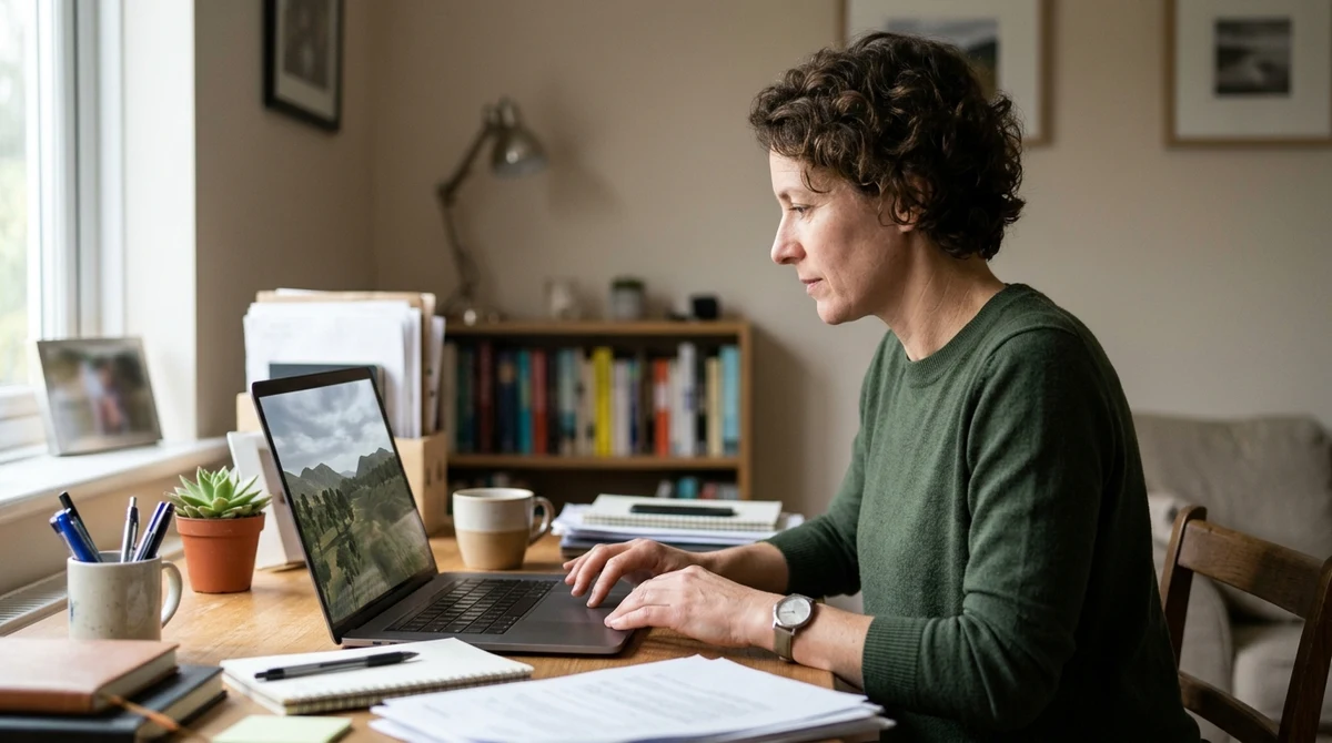 An adult explores a simulated landscape on a laptop.
