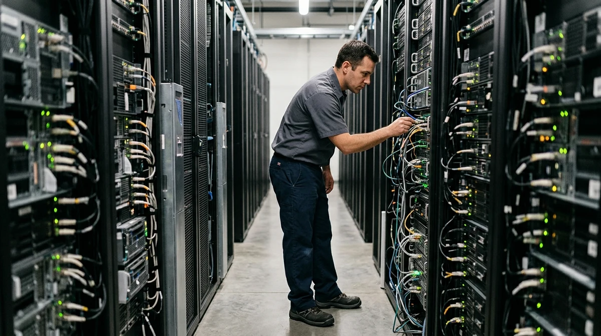 A data center technician inspects a row of server racks.